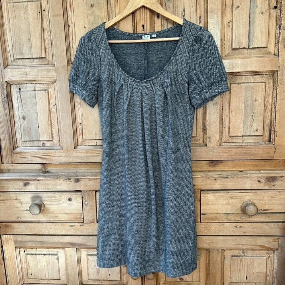 Three Dots Women's Size 4 Herringbone Printed Dress‎ Gray White Short Sleeve
